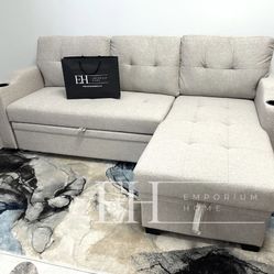 Light Grey Linen Sofa Sectional Sleeper With Storage 