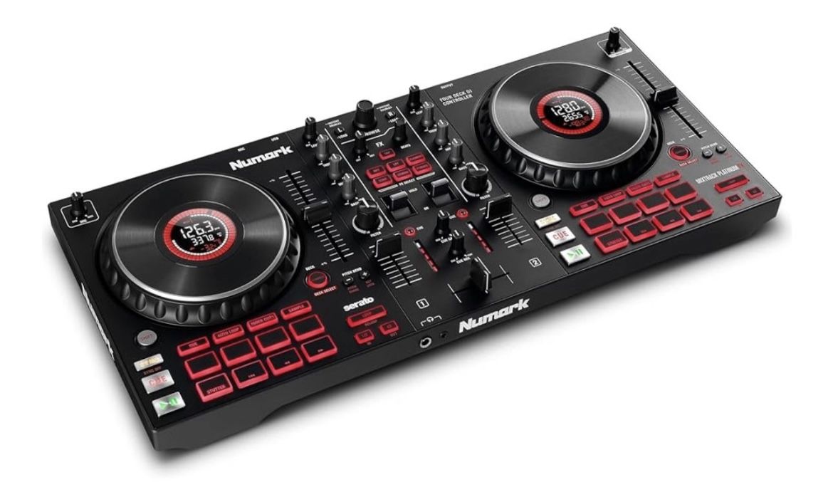 Numark Mixtrack Platinum Serato Control DJ Mixer, Built-in Audio Interface, FX Paddles, 4 Decks + Jog Wheel Displays