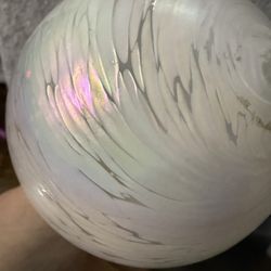 Handblown Art Glass Iridescent White Swirl Glass Orb Ornament Approx 4” diameter  Beautiful glass ornament. Has iridescent white finish with cool swir