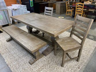 Farmhouse Weathered Brown Dining Table w/ 2 Ladder Back Chairs & Bench