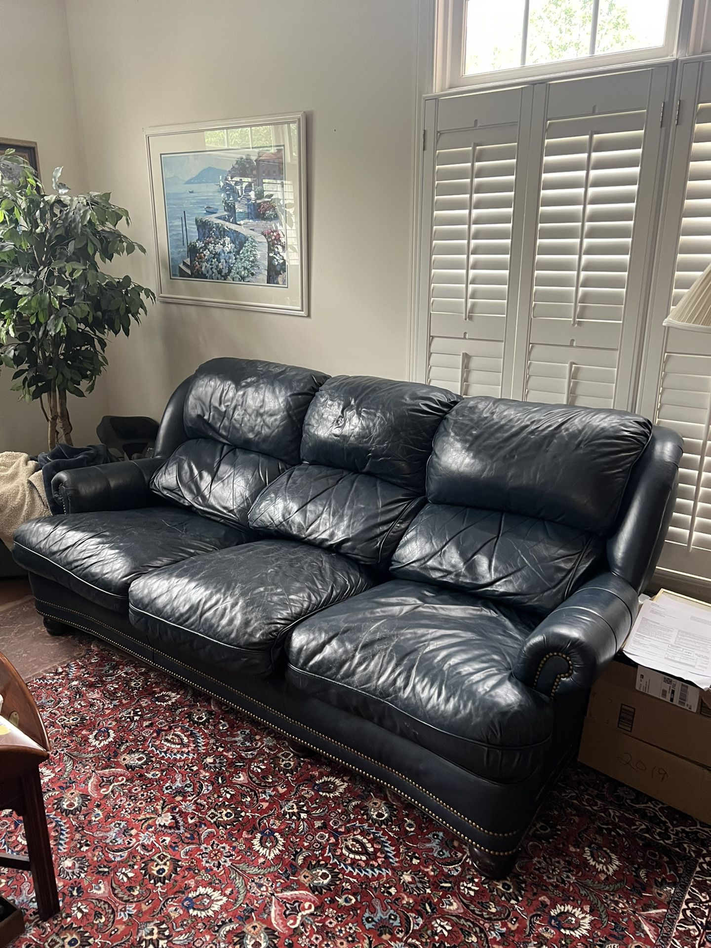 Navy Genuine  Leather Couch  By Hancock Moore