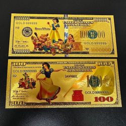 24k Gold Plated Snow White And the seven Dwarfs Disney Princess Banknote