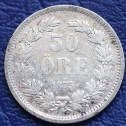 1875 Sweden 50 Ore Silver Coin
