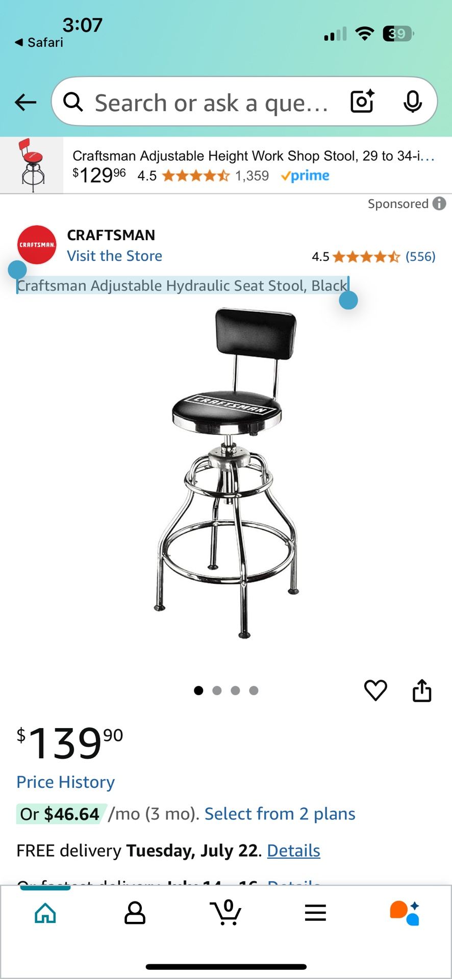 Craftsman Adjustable Hydraulic Seat Stool, Black