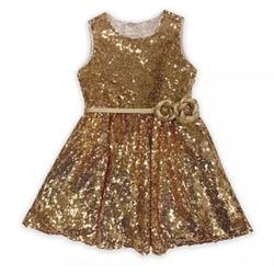 Disney Sequin Gold Belle Dress W/ Flower Belt and Tulle Underskirt size 4/5