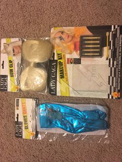 *New * LADY GAGA BLUE GLOVES + Platimum Blonde Bow + Lady Gaga Makeup kit