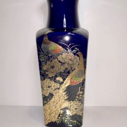 Beautiful Cobalt Blue Gold Peacock Floral Vase Japanese Asian Interpur W/Flowers