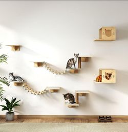 Cat Wall Shelves, Wood 8-in-1 Cat Wall Furniture Set, Large Cat Shelves for Wall with Scratching Post