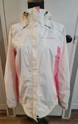 White and pink Columbia Women's Cancer Awareness hooded waterproof jacket Size Large