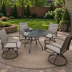5-Pc Outdoor Patio Aluminum Dining Set - 42” Glass Top Dining Table + 4 Swivel Chairs [NEW IN BOX] **Retails for $673 <Assembly Required> 