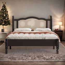 Full Size Wooden Platform Bed with Natural Rattan Headboard 