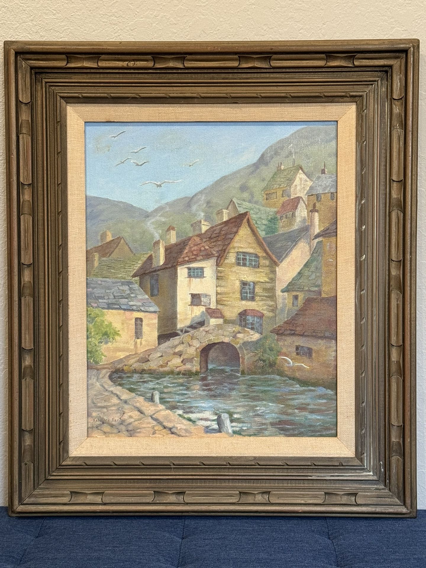 Beautiful Midcentury Seaside Cityscape Oil Painting by Kathleen Stanton