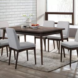 Brand New Walnut & Grey 7pc Mid-Century Modern Style Dining Table Set 