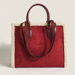 Women’s Fuzzy Shoulder Handbag Vegan Leather red color NEW