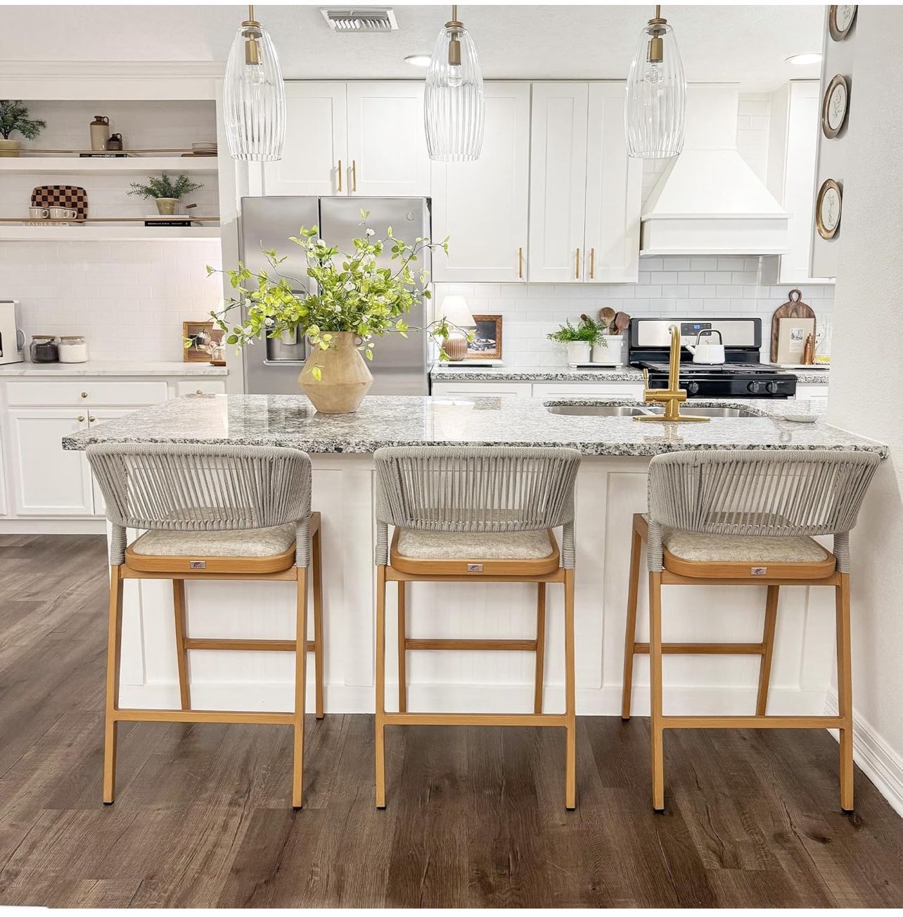 30 Height Bar Stool Set of 3 Outdoor Stool Chair with Footrest Patio Bar Height Stools Wicker Barstools for Lawn Pool Teak Counter St