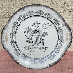 Porcelain 25th Wedding Anniversary Silver Plate With Handles  .