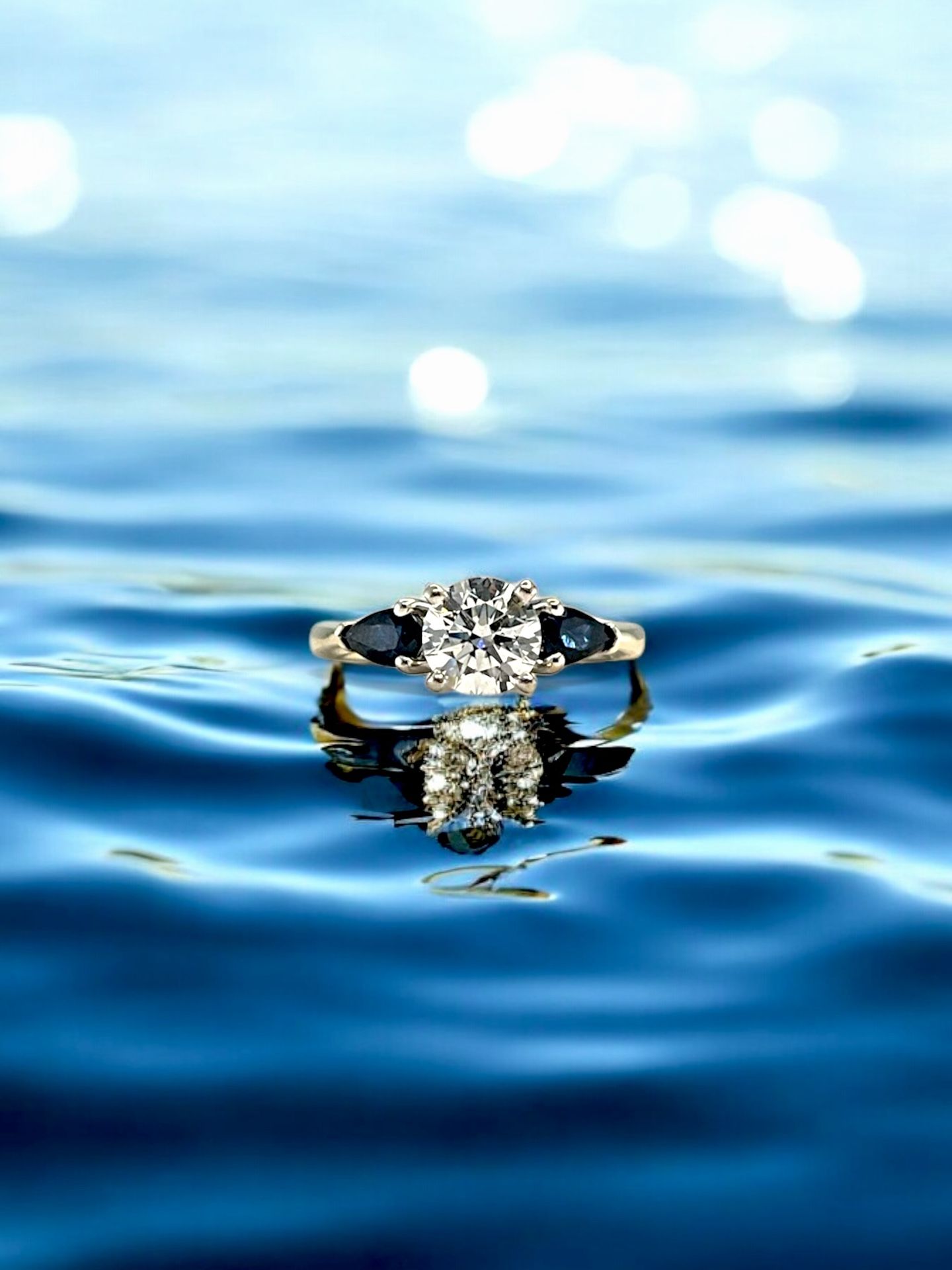 18kt White Gold with Round Center Lab Diamond and Two Pear Shape Blue Stones Ring