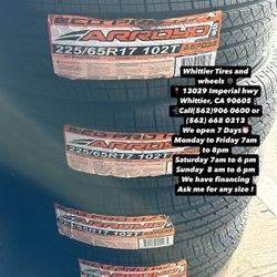 SET OF NEW TIRES, 225/65R17 ARROYO HT , INCLUDING MOUNTING AND BALANCING. ASK ME FOR ANY SIZE OR BRAND, LLANTAS NUEVAS