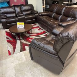 Summer clearance sale. Madrid brown leather reclining sofa and loveseat set only $1099. Recliner chair, $399. Easy finance option. Same day delivery
