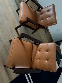 Pair of Mid-Century Modern Cognac Accent Chairs – Faux Leather & Walnut Wood