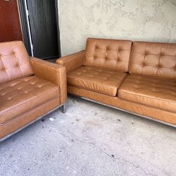 Mid century Modern Leather Loveseat And Armchair 