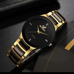 ORLANDO Men's Quartz Wristwatch Black Gold Analog Diamond Markers Metal Dress