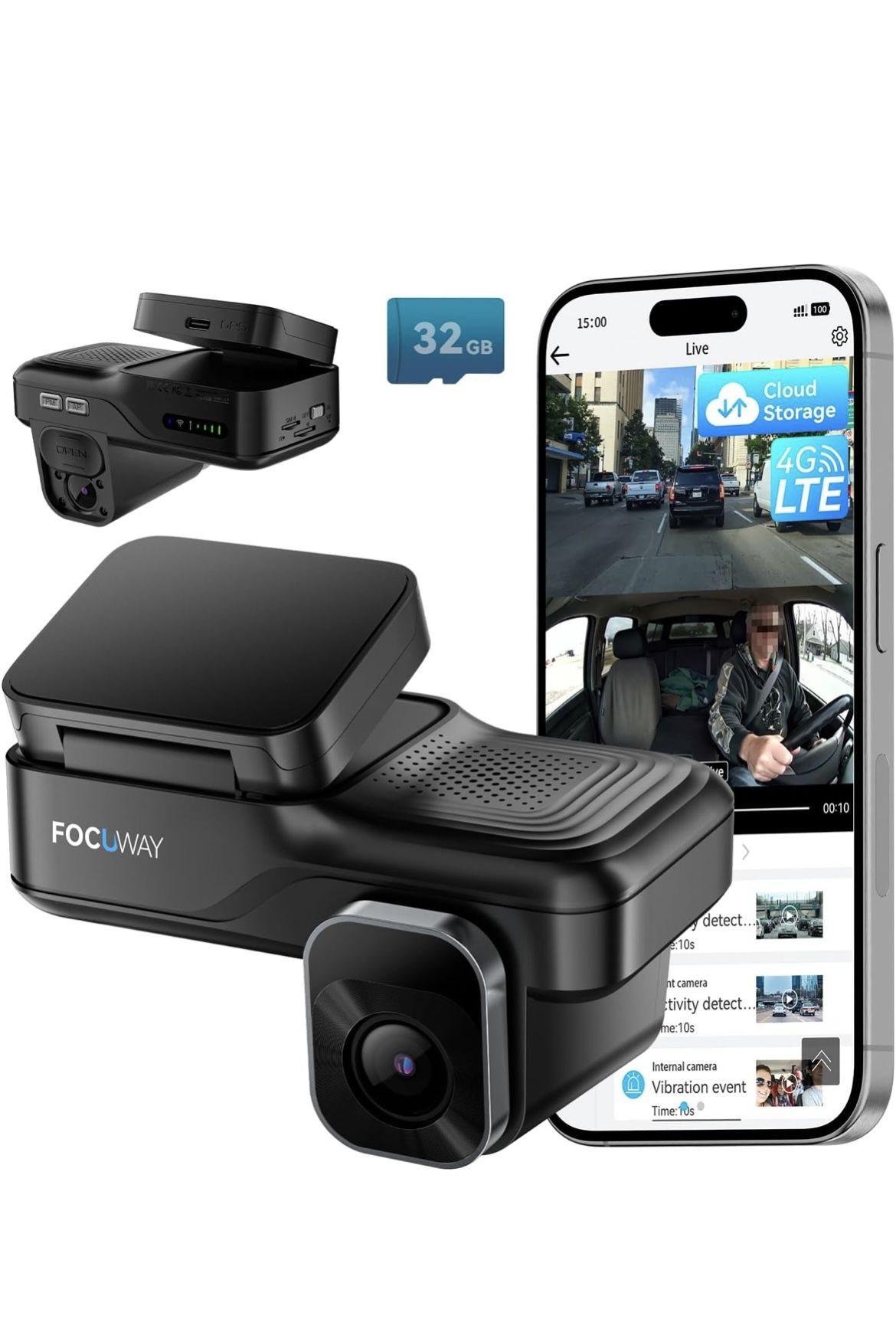 Dash Cam Front Inside, 4G LTE Security Cam for Car, Remote Live-View, Instant Alert via App, Cloud, IR Night Vision, Two-Way Talk, Dual FHD Dash Camer