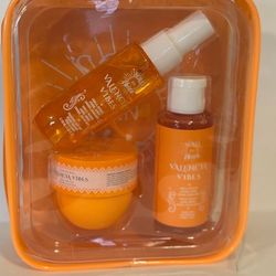 Solo En Ibiza Valencia Vibes Skincare Set includes a body butter, body spray, and a beauty oil.
