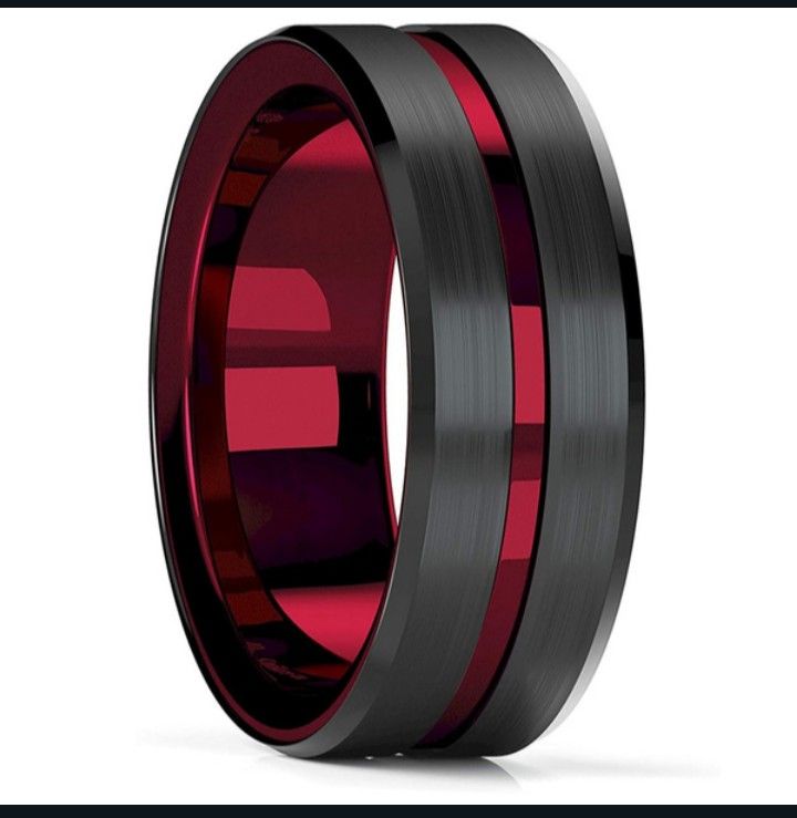8mm Black Brushed Tungsten Carbide Ring with Comfort Fit Red Tungsten