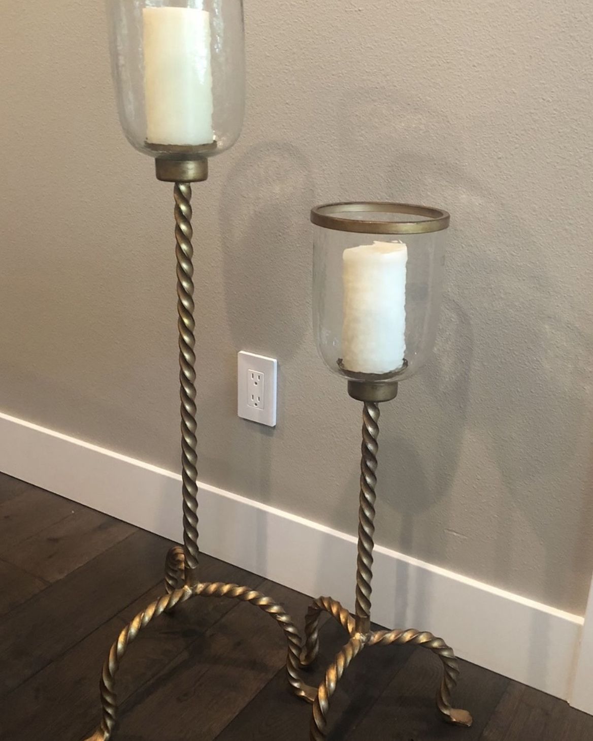 2 Metal Gold Floor Candle Holders With Candles