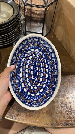 Oval Ceramic Bowl Blue Brown Pattern