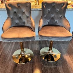 TWO VELVET SWIVEL ADJUSTABLE COUNTER STOOLS