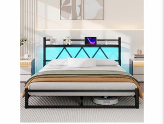 Brand new in the box- Queen Bed Frame with Charging Station and Storage Headboard, Black Low Profile Design,Heavy Duty Metal Platform Bed Frame, LED L