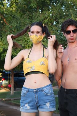 Lavender Print Yellow Crop + Matching Mask And Scrunchies