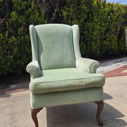 Vintage Green Queen Anne Style Wingback Chair 