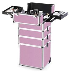 OUDMAY Makeup Train Case Professional Cosmetic Rolling Organizer Aluminum Frame  Folding pink large 