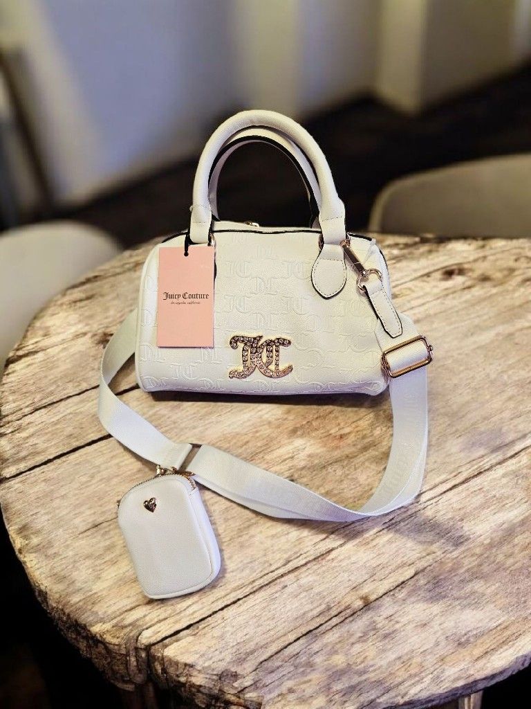 New Juicy Couture White Satchel/Crossbody Gold Metal Logo and Pouch 9x6x5" NWT