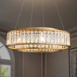 Brass Gold 23.6 Inch Round Crystal Chandelier, 7 Inch Height, 2-Tier Modern Chandelier, 8 Lights G9, Adjustable Chain for High Ceiling, Dining Room, K