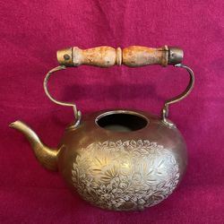 Vintage Footed Brass Tea Pot Etched Flowers & Leaves Wood Accents Made in India