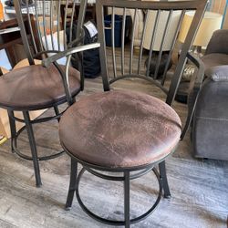 One Pair Of Counter Height Wrought Iron Barstools With PaddedLeather Seats