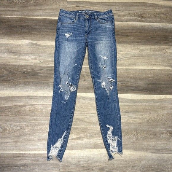 American Eagle Outfitters Women's Distressed Blue high rise jeggings 8 long