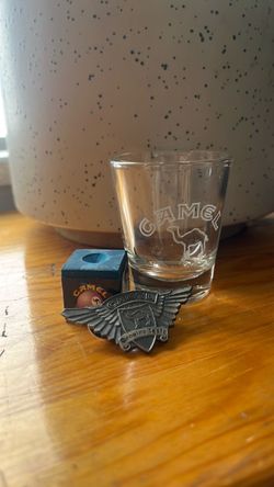 Vintage camel shot glass pool cube and pin