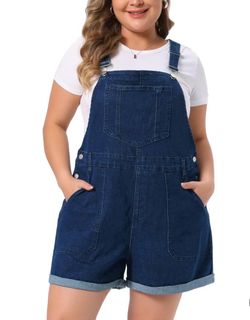 Navy blue dark wash denim short overalls with cuff hem, size XL