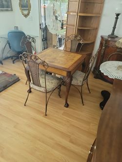 Antique Leather Top Table & 4 Chairs 
