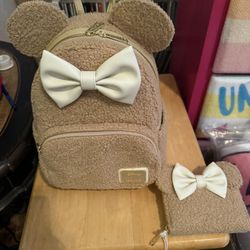 Loungefly Disney Minnie Mouse Sherpa Mini Backpack. And Matching Wallet