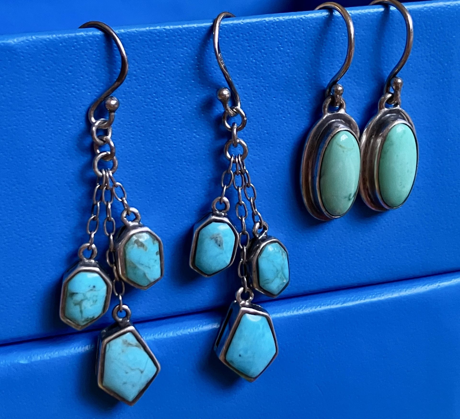 VINTAGE GENUINE TURQUOISE GEMSTONES STERLING SILVER EARRINGS - 2 SETS - SMALL & CUTE - ‼️ Price Ia FIRM ‼️