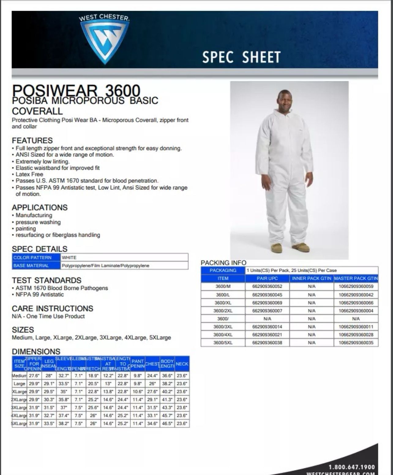 4XL Posi Wear Ba-Microporous Coverall Zipper Front and Collar (2 Pallets)(1500 CVRL)
