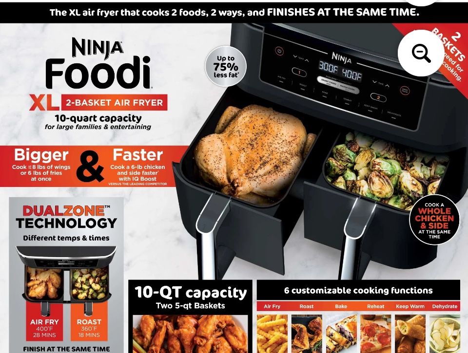 Ninja Foodi 6-in-1 10 Qt Air Fryer w/ DualZone Technology, 2 DualZone FlexBasket, DZ300 Black