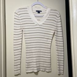 Basic Editions Striped V-Neck Long Sleeve Sweaters (Size: Medium)