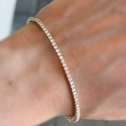 14K yellow Gold 1.75CTW Natural Diamond Flexible Bangle Tennis Bracelet 7” 2.1mm